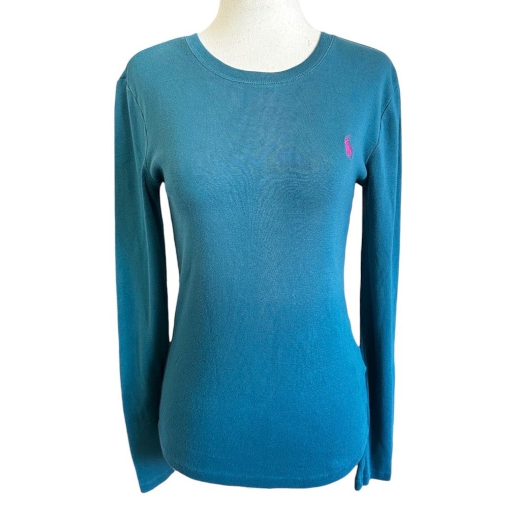 Ralph Lauren Sport Women Medium Teal Blue Long Sleeve Cotton Ribbed Tee | 0218